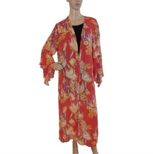 Umgee Floral Orange Red Kimono Robe High Slit Dramatic Summer Spring Leisure Top